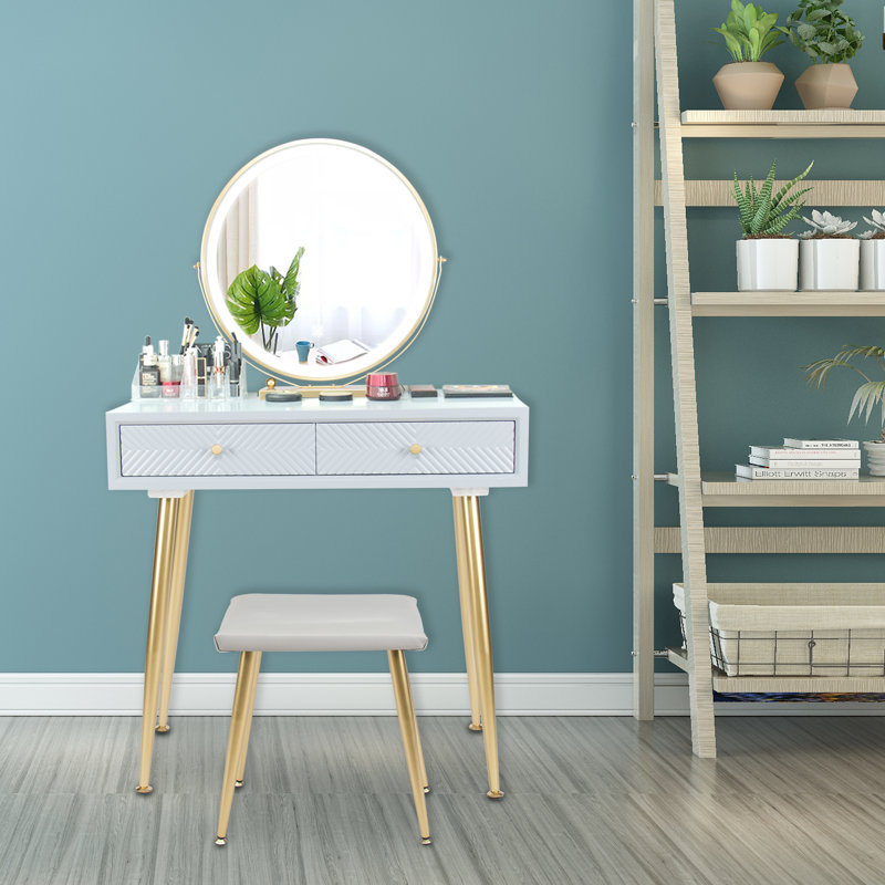Everly Quinn Vanity Table Set With 3 Modes Adjustable Brightness Mirror